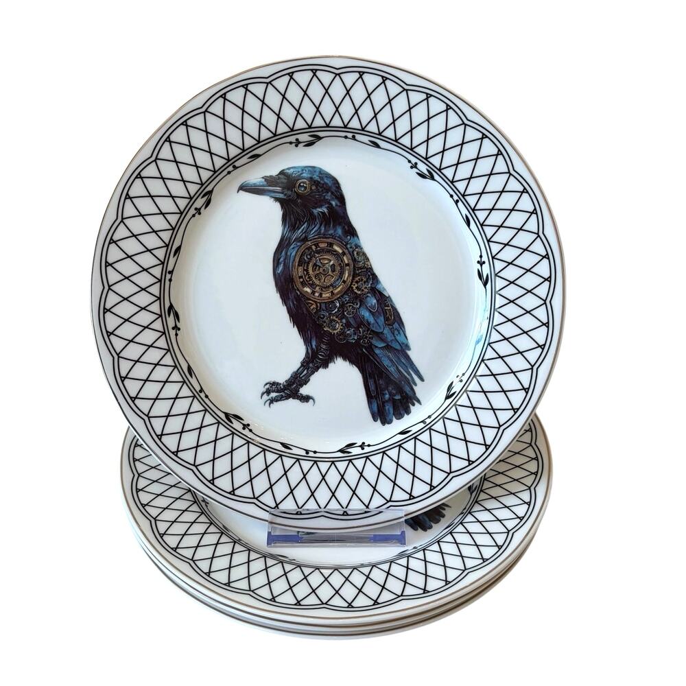 Grace Teaware RAVEN TRELLIS Ceramic Halloween Plates 8in Ceramic Set of 4 NEW